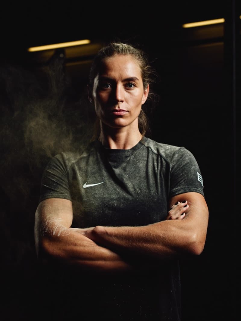 Mara Kovač, Head Coach, standing by the rig in warm low light