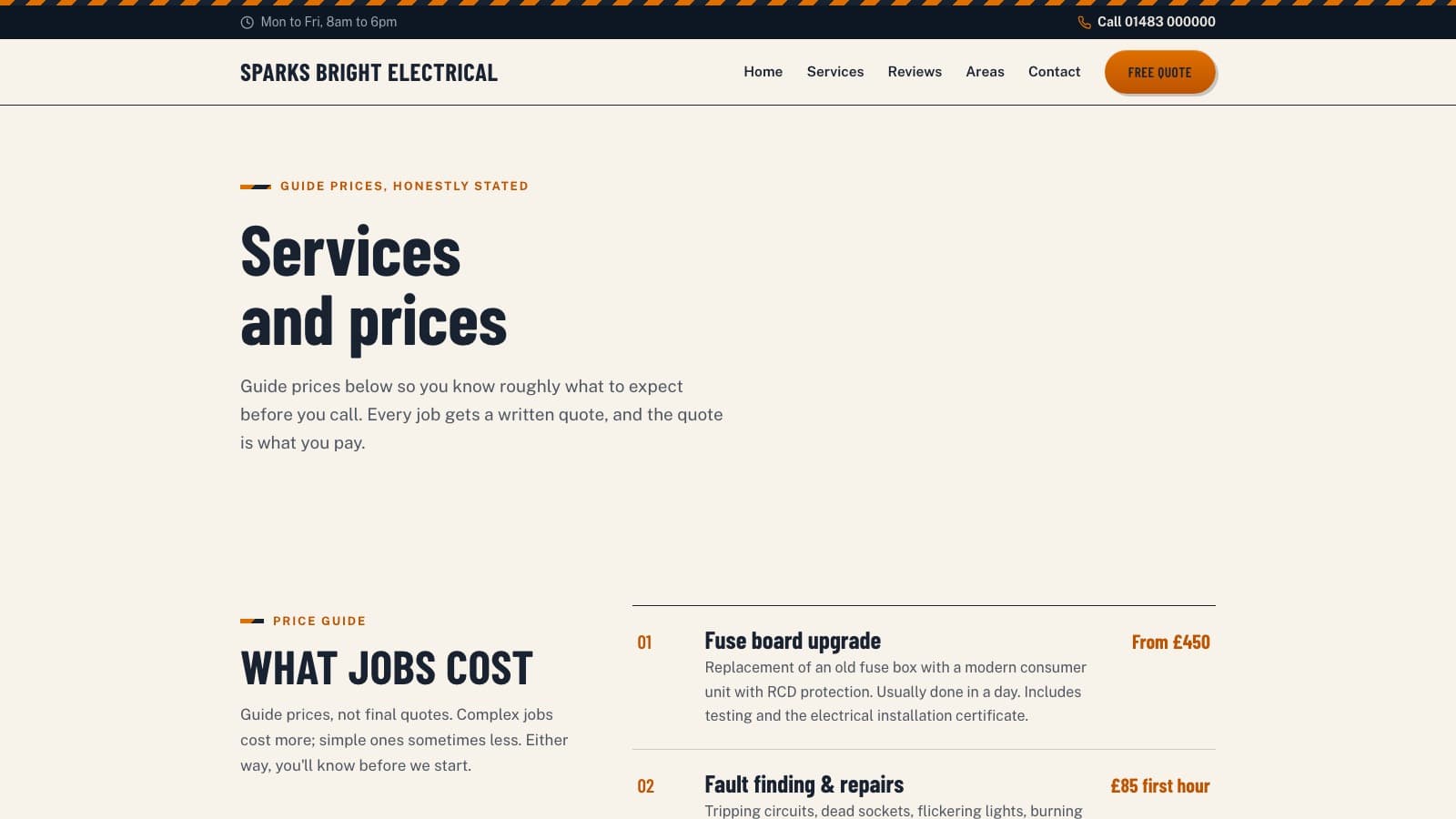 The Trades Website Kit services page
