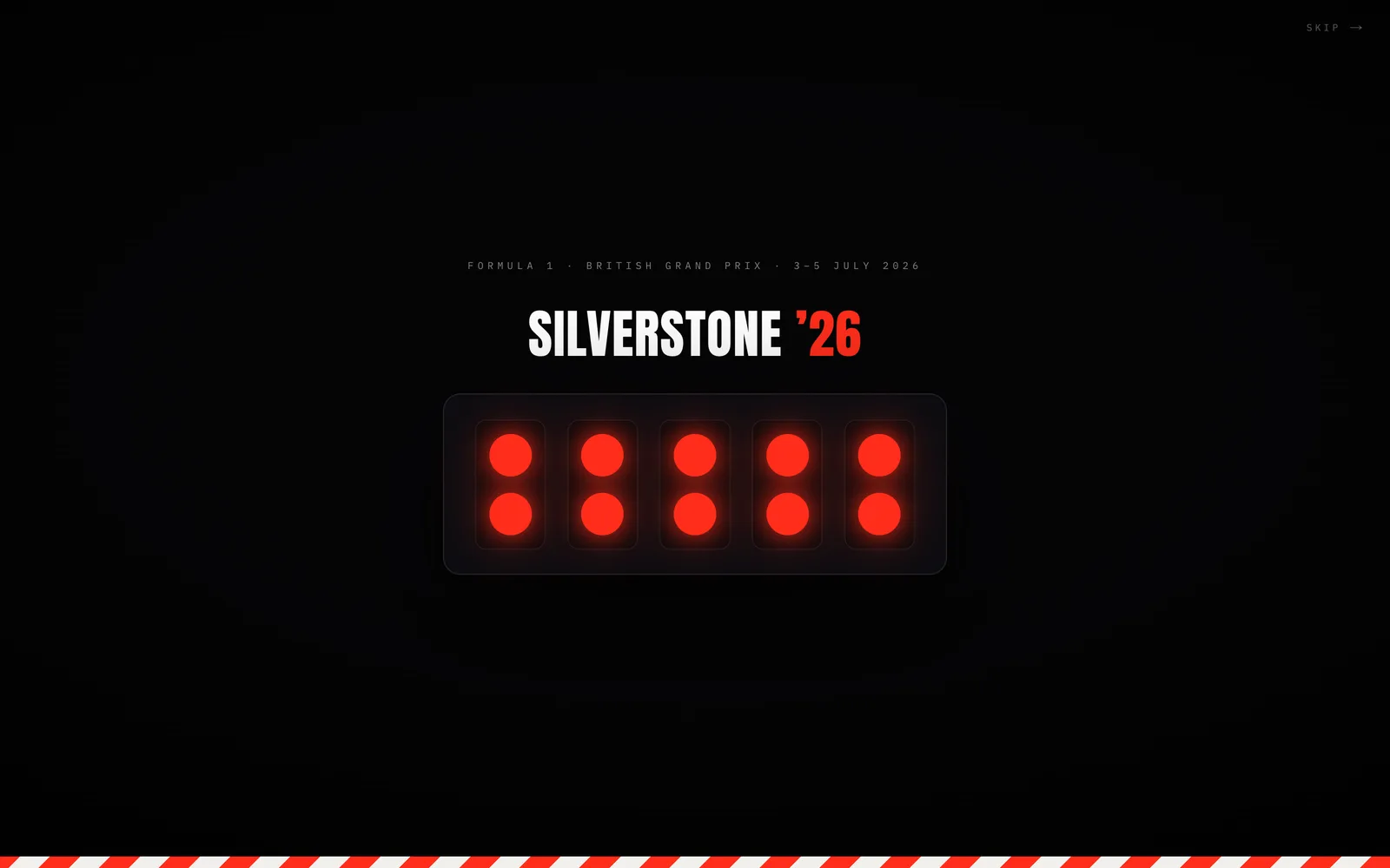 The start-lights gate that opens the page: five red lights lit against black
