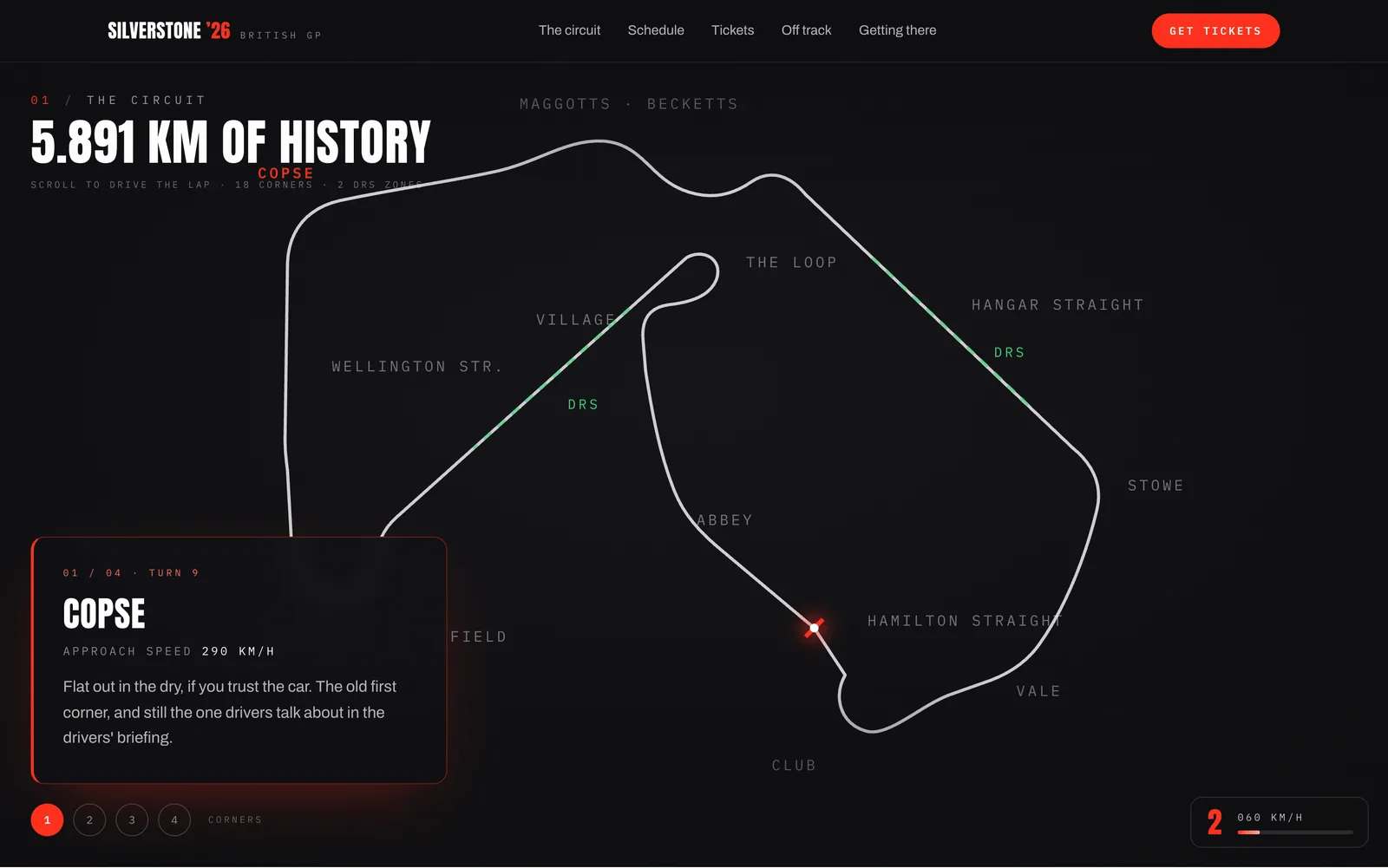 The Silverstone circuit drawn as a labelled line map, with a car partway round the lap