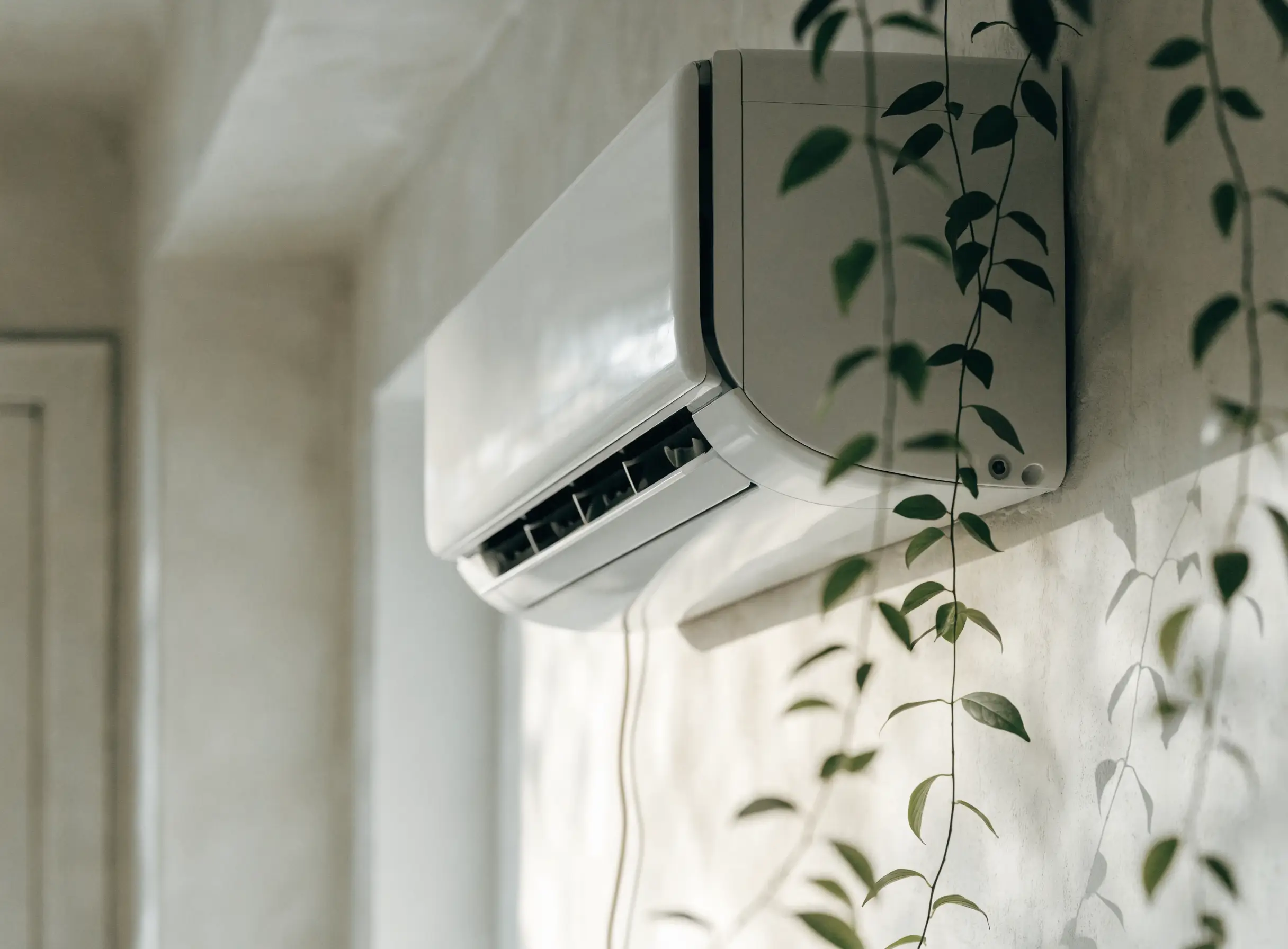 A slim white wall-mounted indoor unit on a pale wall beside a trailing plant