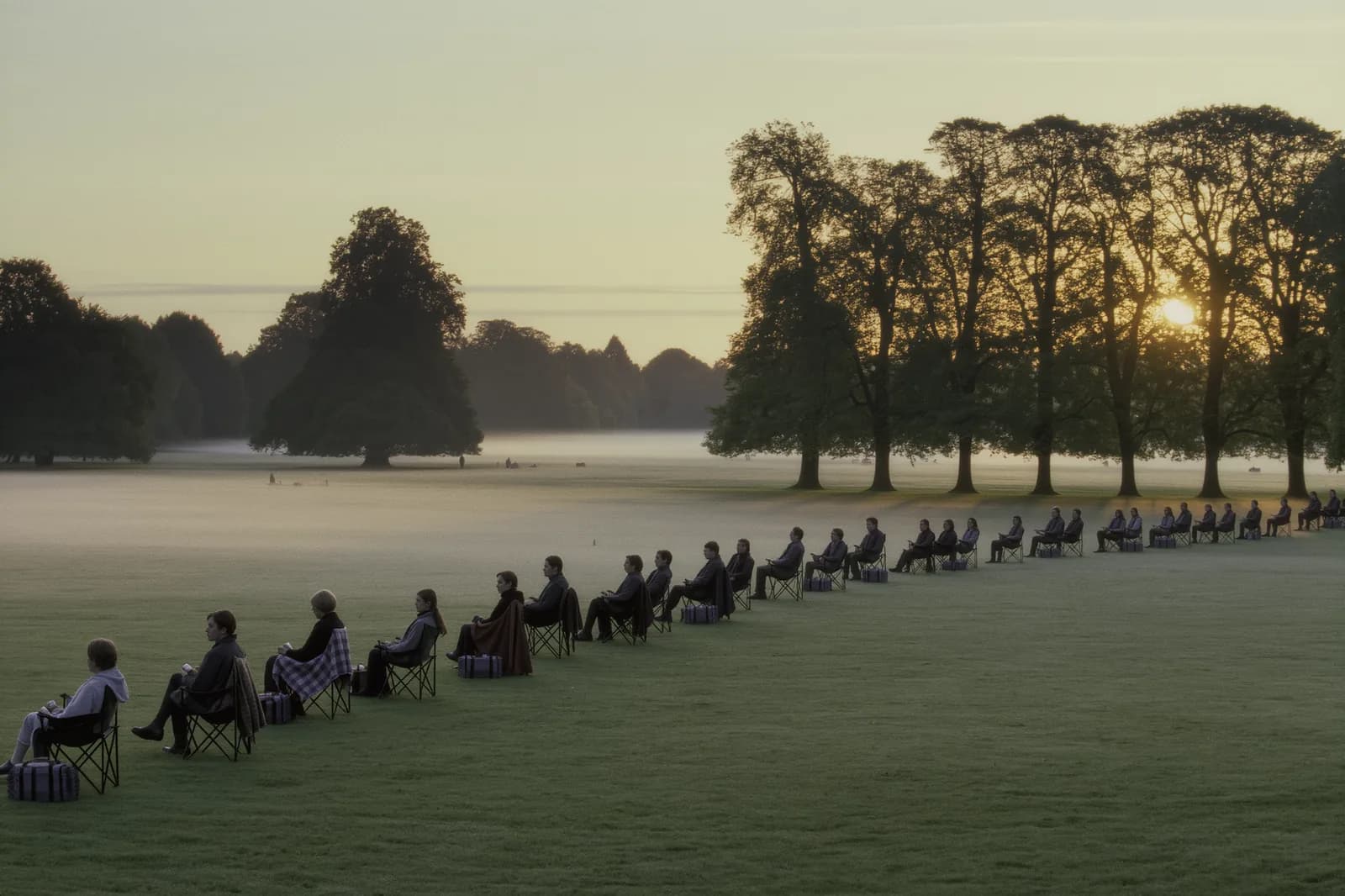 The Queue at dawn in Wimbledon Park, a long line of people in camping chairs with picnic bags