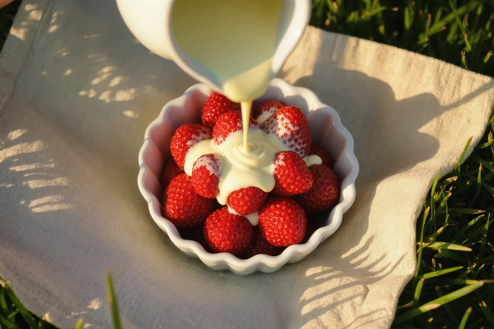 A punnet of strawberries and cream on a green tray, Centre Court out of focus behind it