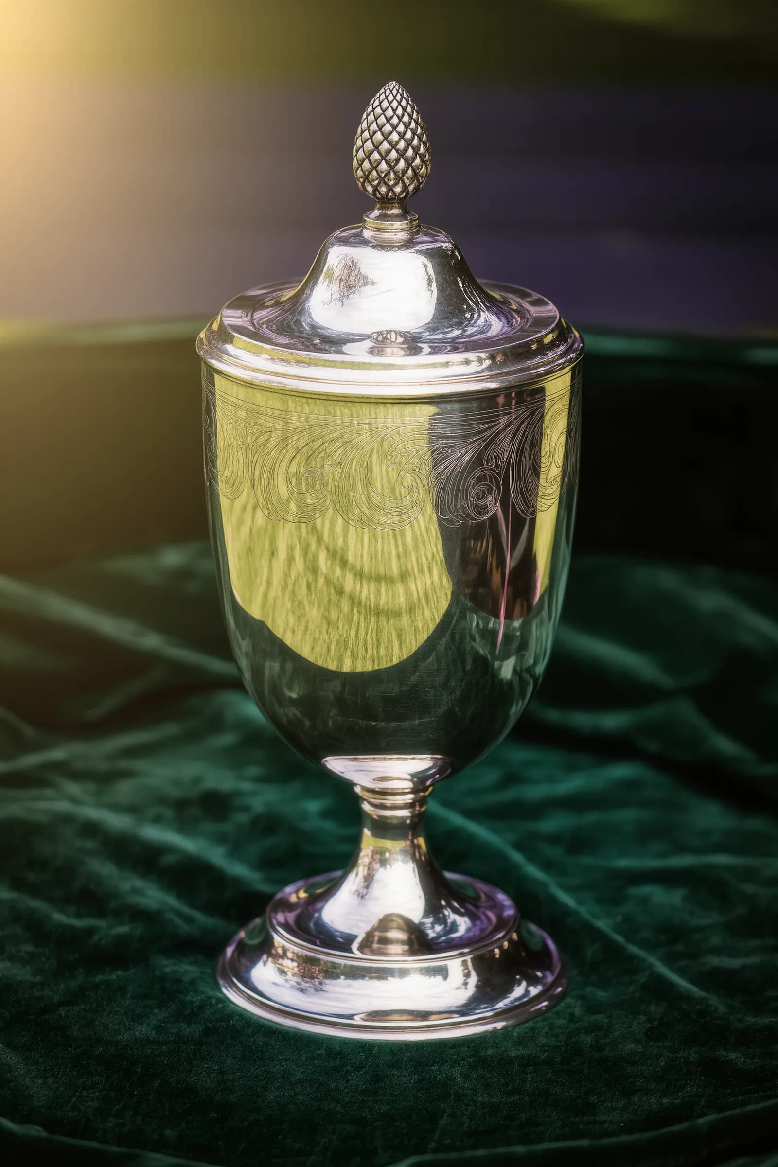 A silver lidded trophy cup, engraved and sitting on dark green velvet